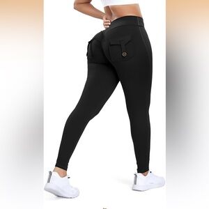 Black Active Butt Lifting Workout Cargo Yoga Pants, Large